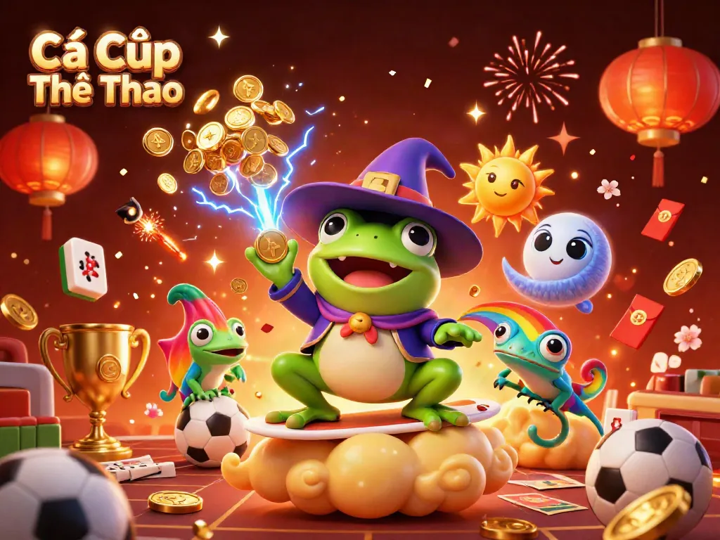 Cá Cược Thể Thao animated scene depicting frog and chameleon celebrating sports betting triumphs.
