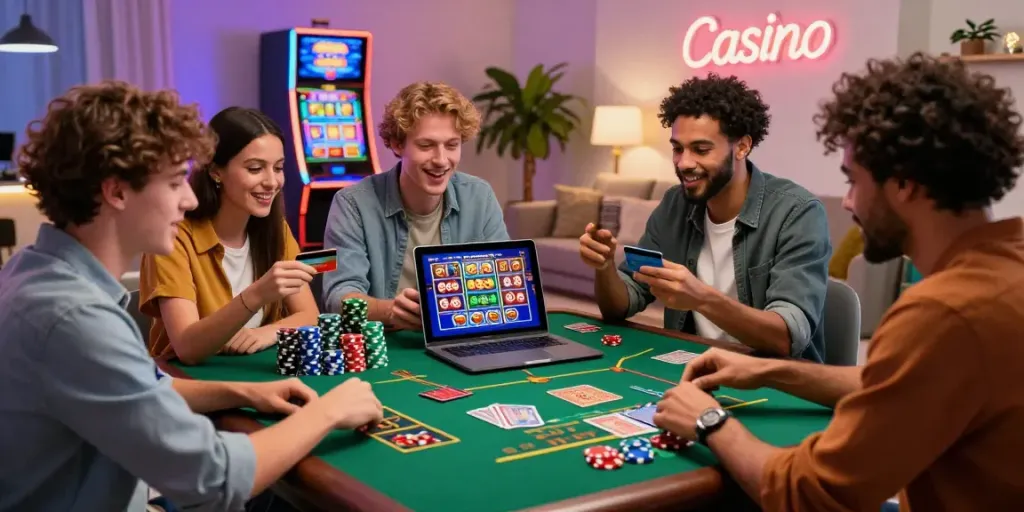 Friends enjoying a credit card casino game at home, surrounded by poker chips and cards.