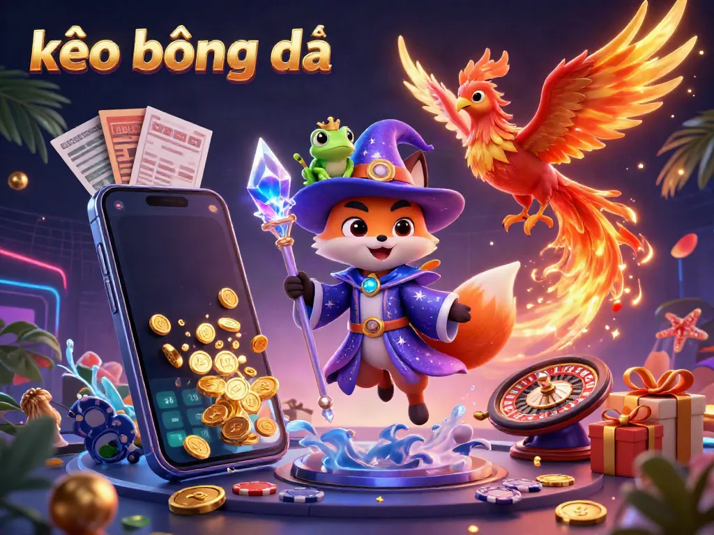 Engage with kèo bóng đá through a vibrant 3D illustration of a wizard fox and phoenix amidst dynamic sports betting elements.