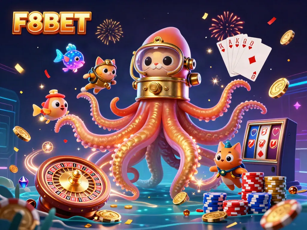 Experience exciting gaming at F8BET with a thrilling 3D illustration featuring dynamic casino elements.