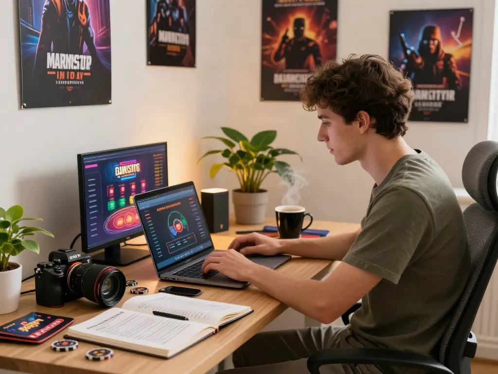 Researching sites not on gamstop in a cozy home office with gaming memorabilia.