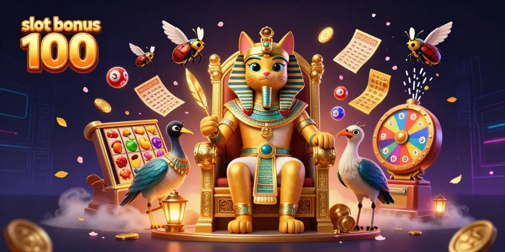 Experience excitement with slot bonus 100 in this vibrant casino-themed 3D illustration featuring lucky symbols and animations.