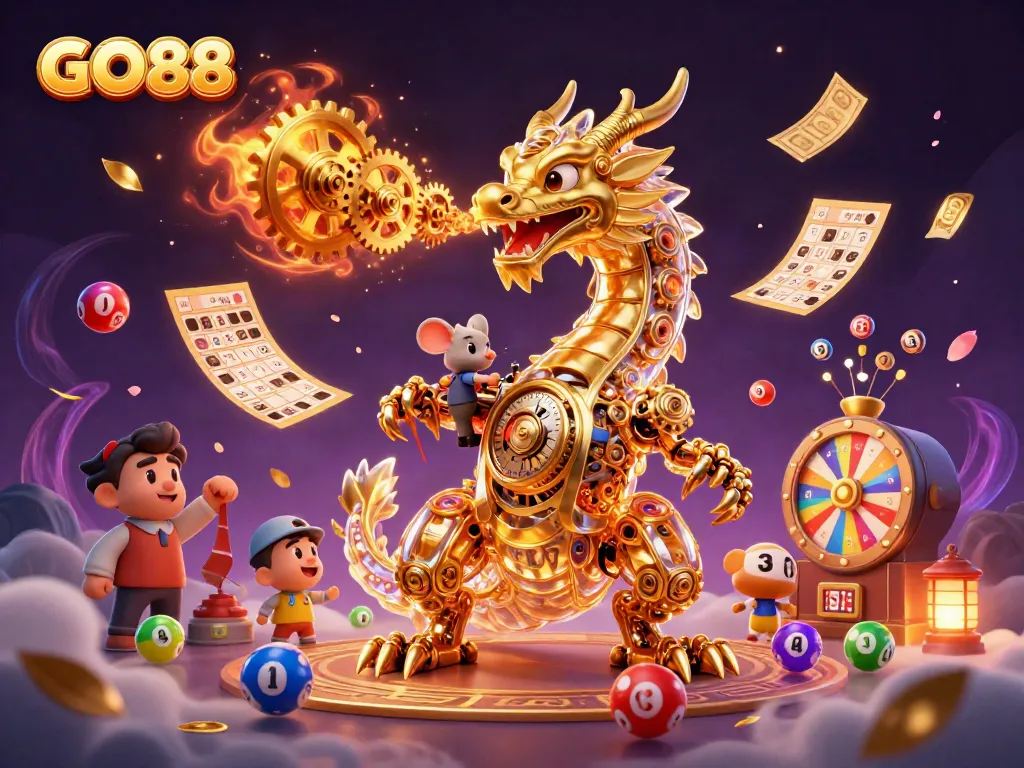 Experience the excitement of GO88 with a golden dragon and magical lottery elements in a vibrant casino scene.