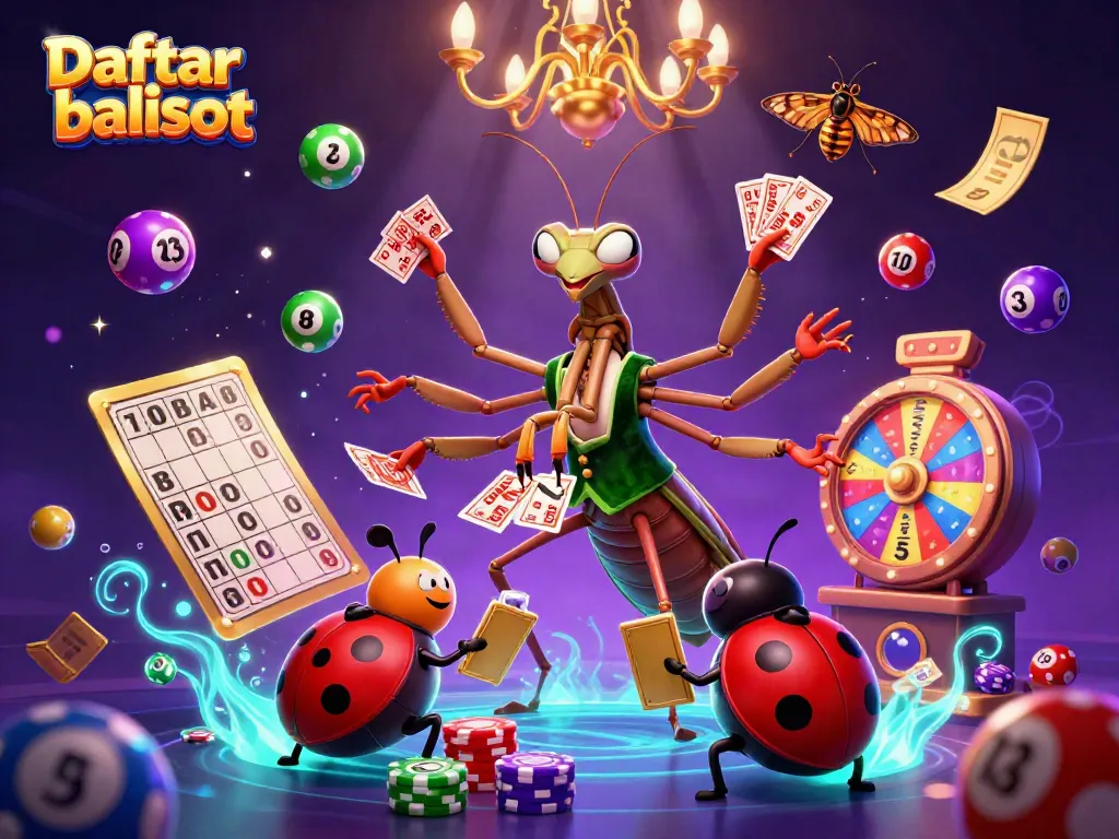 Experience thrilling gameplay with Daftar balisot as the giant praying mantis deals cards amid colorful casino elements.