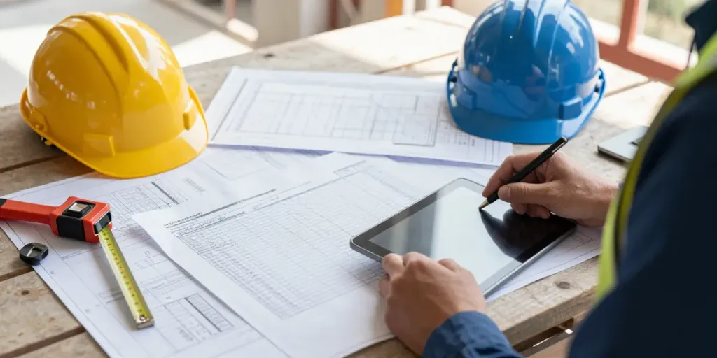 Skilled quantity surveyor reviewing bill of quantities services at a construction site.
