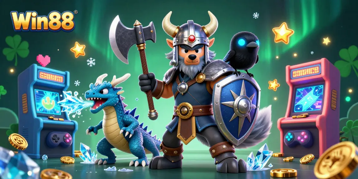 Win88 Viking warrior battles with treasure in a vibrant casino-themed world.