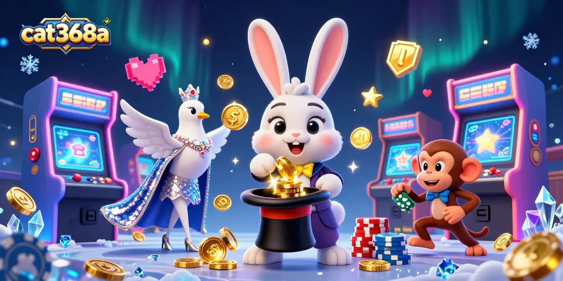 Experience the magic of cat368a as a cartoon rabbit conjures golden winnings with vibrant casino elements!