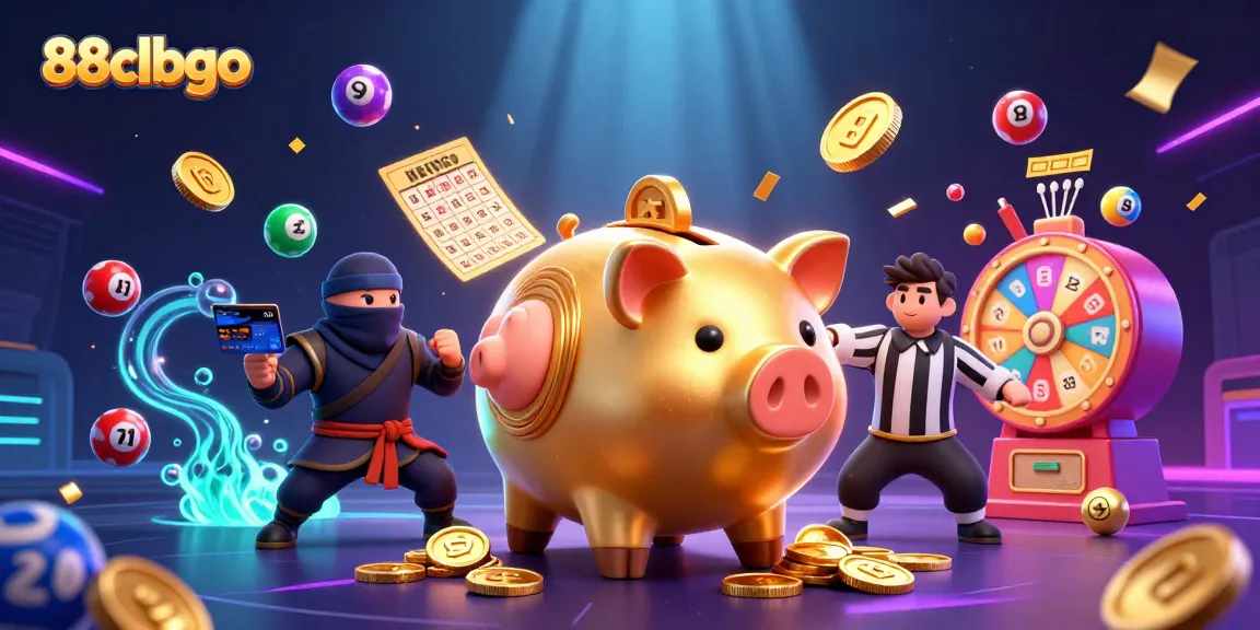 Experience the thrill of 88clbgo with a dynamic illustration of a golden piggy bank sumo wrestler and gaming elements.