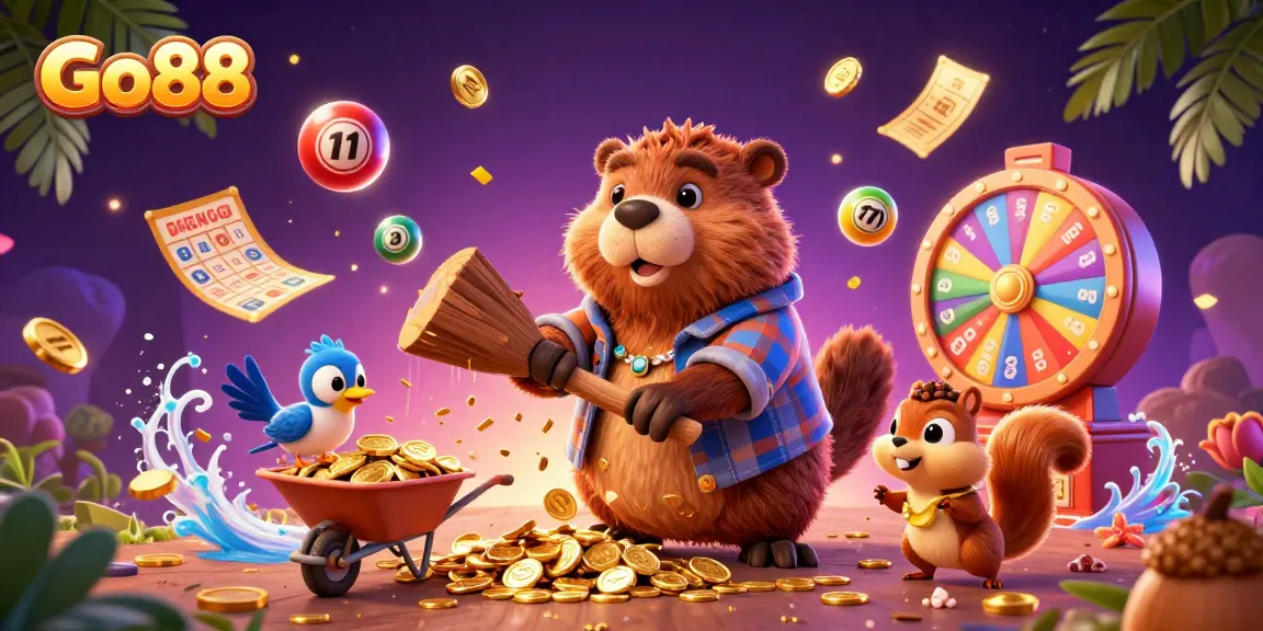 Go88 features a vibrant scene with cartoon characters enjoying a jackpot of coins raining down.