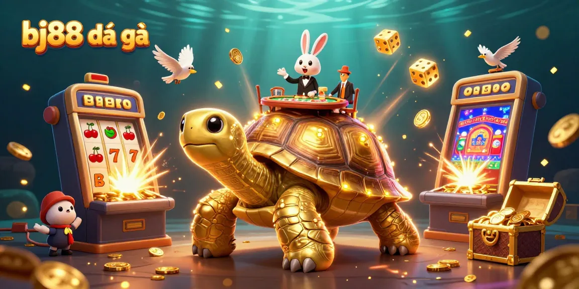 Experience the vibrant world of bj88 đá gà with dynamic illustrations of a lively casino scene featuring a golden tortoise and a rabbit dealer.