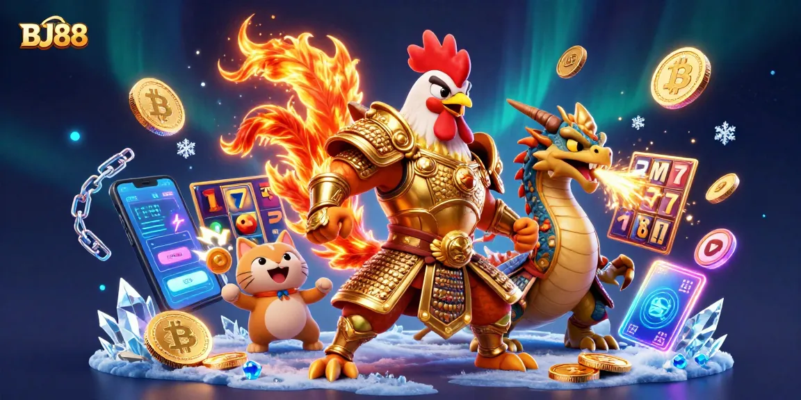 Engage with thrilling BJ88 online slots gameplay featuring festive characters and crypto elements.