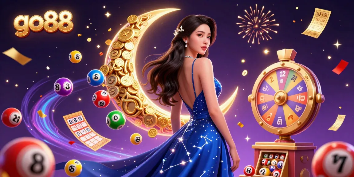 Experience exciting gaming at go88 with vibrant lottery elements, an elegant character, and dynamic animations in this 3D illustration.