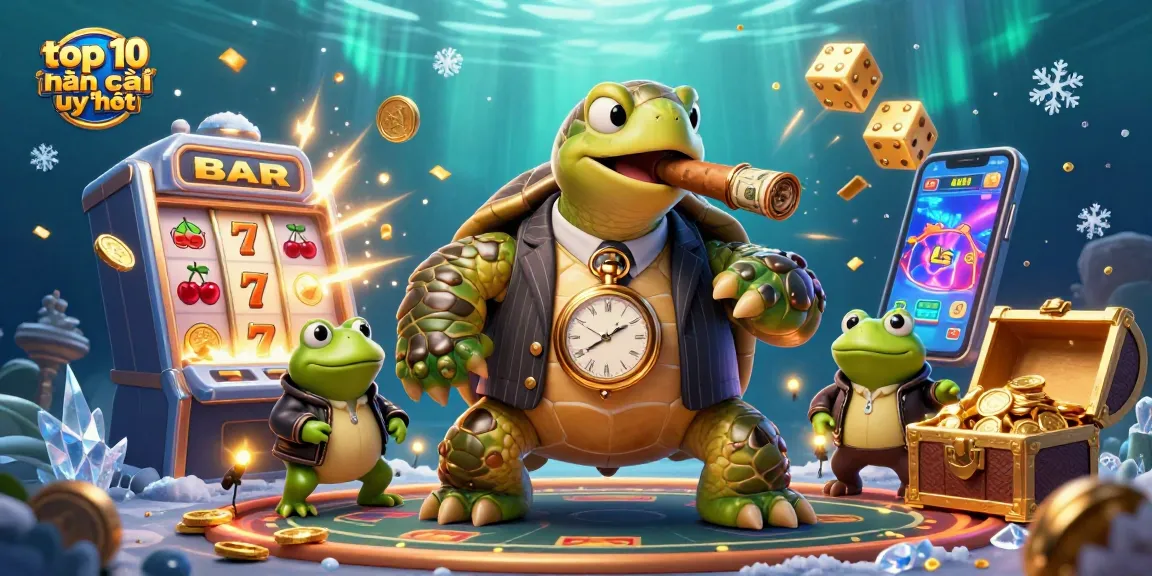 Engage with the top 10 nhà cái uy tín through this vibrant casino scene featuring animated characters and game elements.