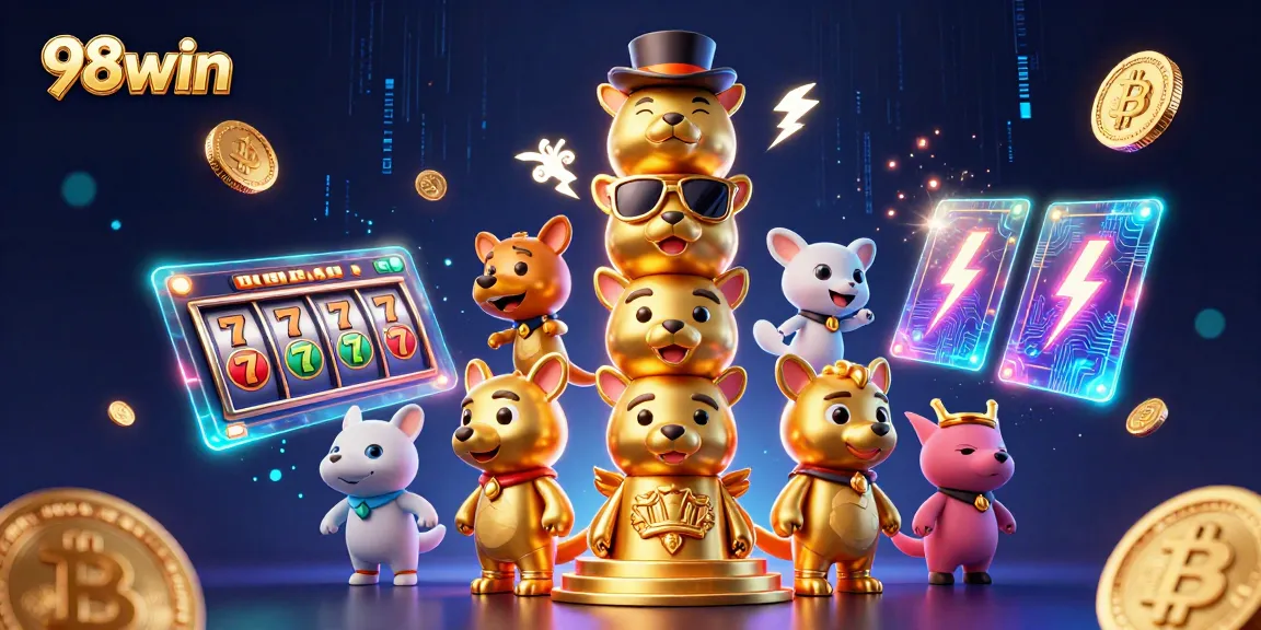 Spin and win with 98win's dynamic casino scene featuring lively 3D elements and neon glow