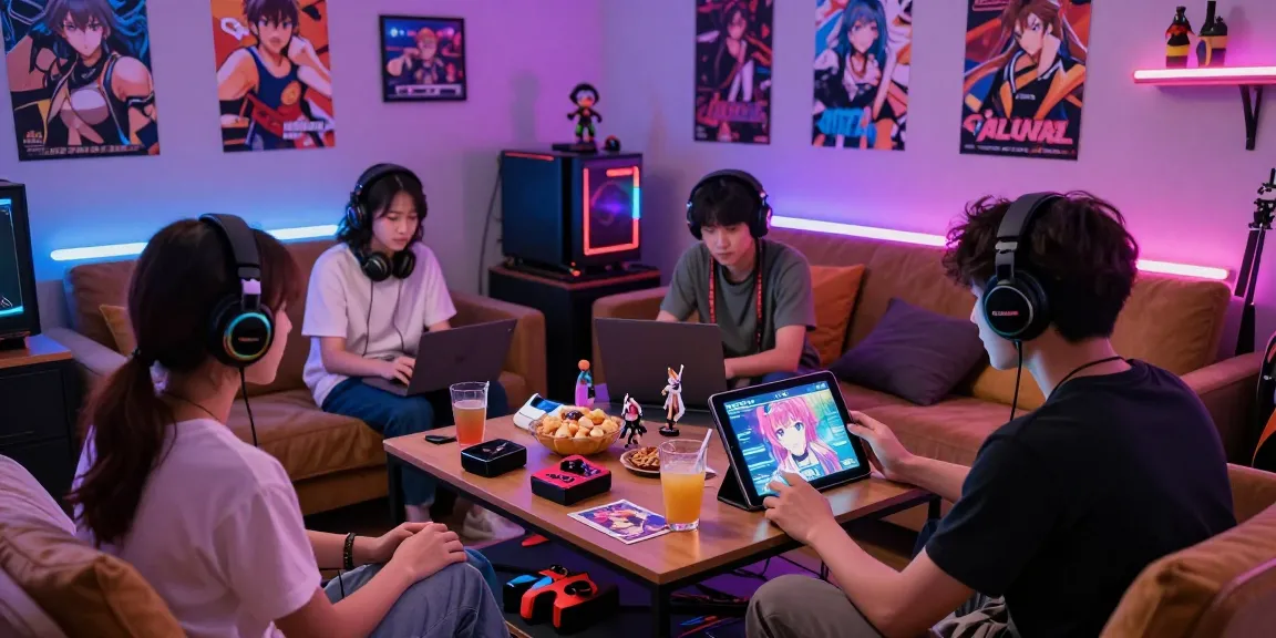 Engage in vibrant gaming scenes while you play hentai games with friends in a colorful lounge.