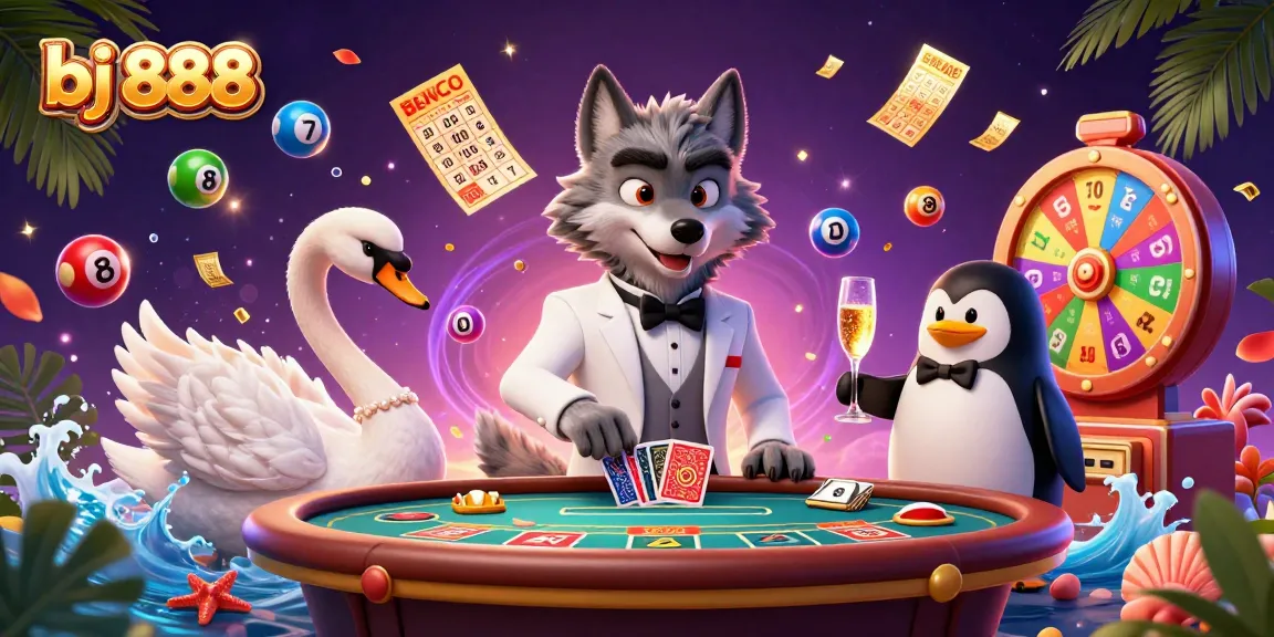 Experience exciting wins at bj 888 with colorful lottery balls and elegant casino characters bustling around.