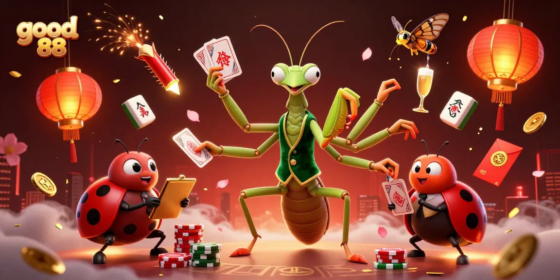 Join the excitement of good 88, where a giant mantis card sharp deals cards and shuffles chips in a vibrant casino scene.