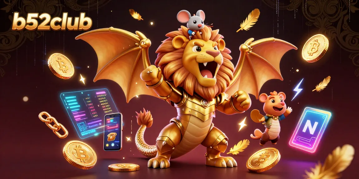 Bets and wins await at b52club in a vibrant 3D casino scene with a golden chimera.