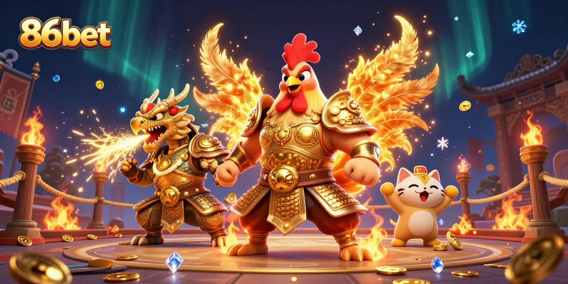 Engage in thrilling action with 86bet, featuring a warrior rooster, dragon hatchling, and fortune cat in a dynamic casino setting.