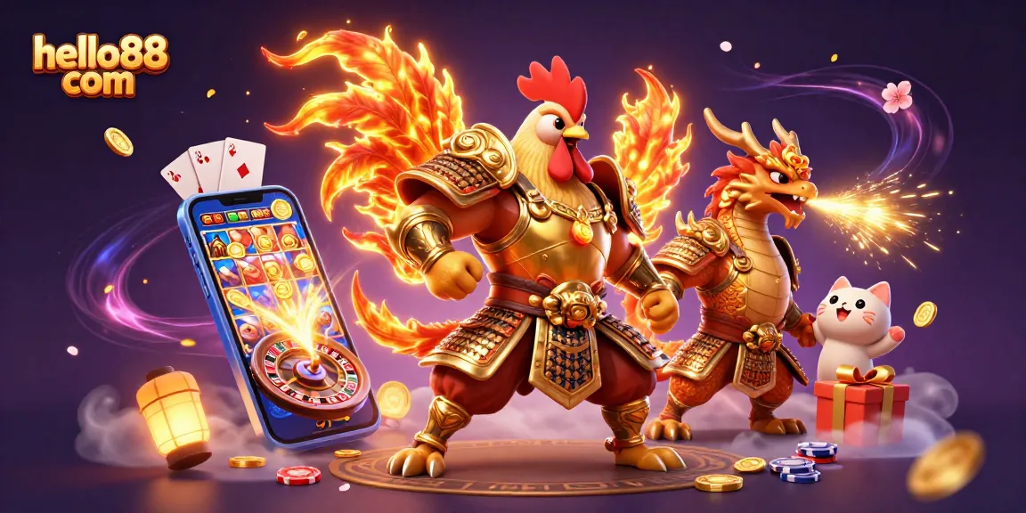Engage in thrilling gaming adventures at hello88 com with a dynamic illustration featuring a powerful rooster warrior, dragon hatchling, and exciting casino elements.