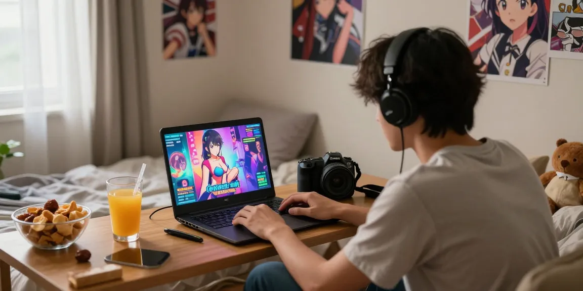 Enjoying real ecchi games in a cozy bedroom setup with snacks and anime decor.