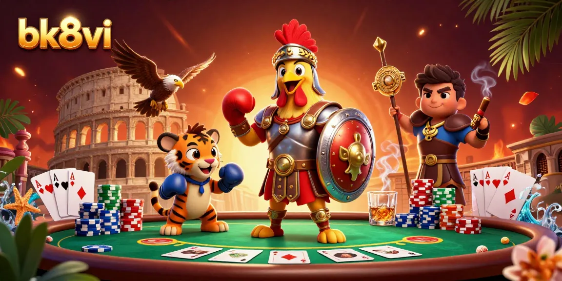 Engage in thrilling poker action with bk8vi at a dynamic colosseum featuring a gladiator rooster.