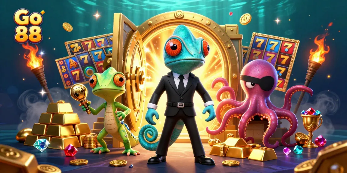 Experience thrilling slots with Go 88's vibrant characters among treasures and colorful reels.