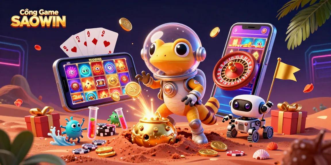 Experience the thrill of Cổng Game SAOWIN with a Martian gecko and colorful casino elements!