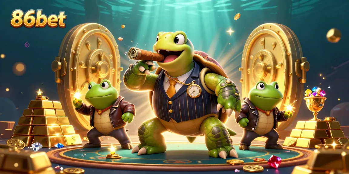 Engage in thrilling gameplay at 86bet, featuring a vibrant casino scene with a snapping turtle and bullfrog enforcers.