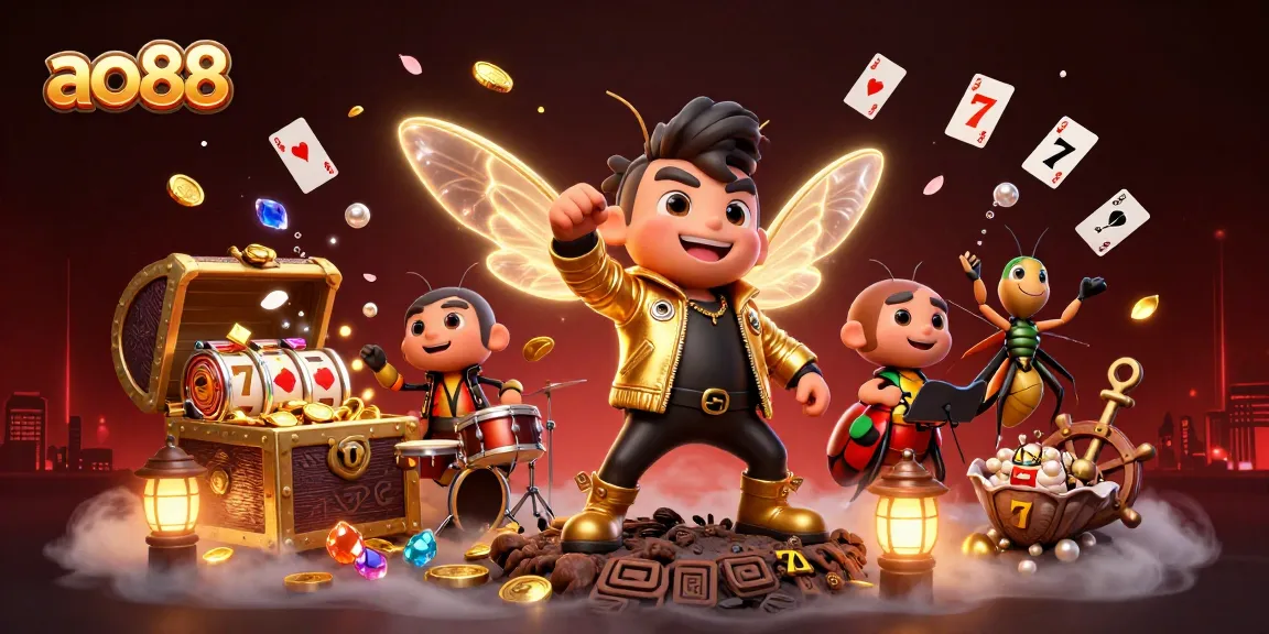 A dynamic scene of the ao88 rock star and band performing amidst casino elements with colorful gems and coins.