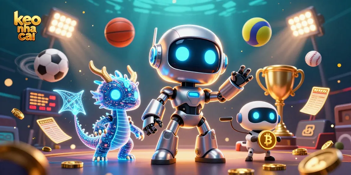 keo nha cai sports betting scene with a cyberpunk robot and dynamic elements