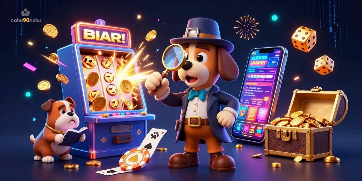 Spin the wheels of excitement at nohu90nohu with 3D characters exploring golden poker chips and vibrant slots.