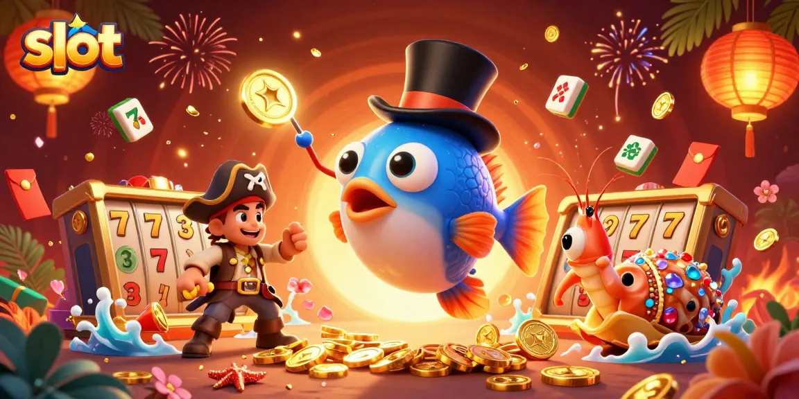 Play exciting slot games with golden coins attracted by a charming anglerfish in this vibrant illustration.