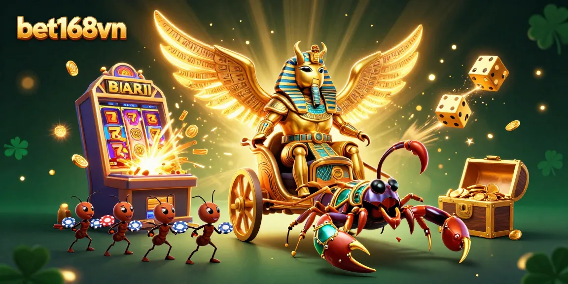 Experience the excitement of bet168vn with vibrant 3D casino characters, slot machines, and dazzling gold!