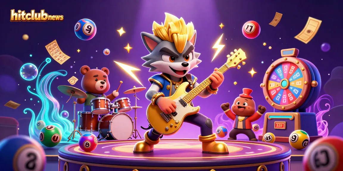 Hitclubnews showcases slot game excitement with a vibrant 3D casino scene featuring a rock star wolf and drummer bear.