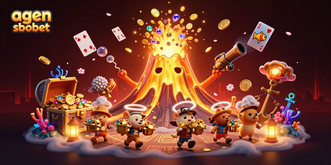 Play and win with agen sbobet at an exciting 3D cartoon treasure hunt scene filled with riches.