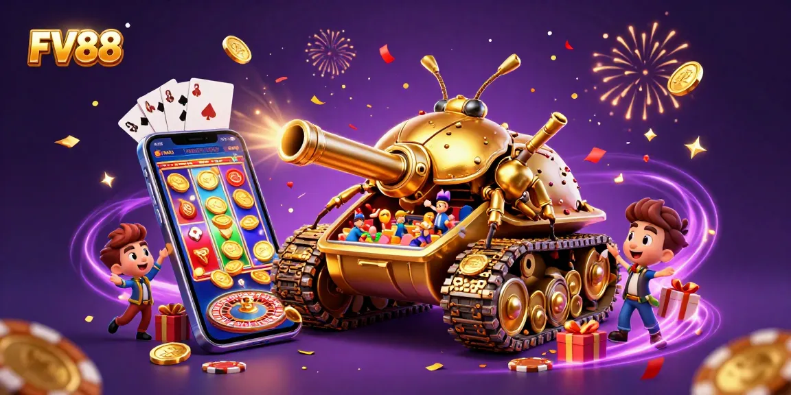 Experience FV88's vibrant casino scene with a golden beetle tank and thrilling game elements.