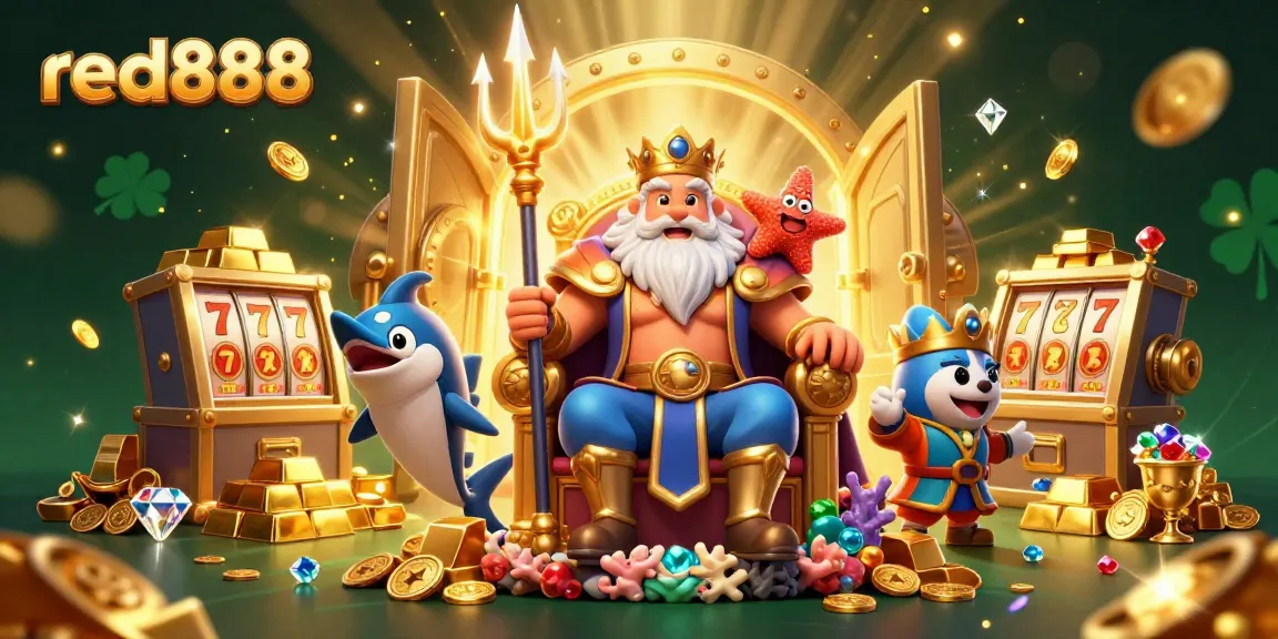 Experience the thrill of red888 with Neptune as he guards treasures and slots in a vibrant casino world.