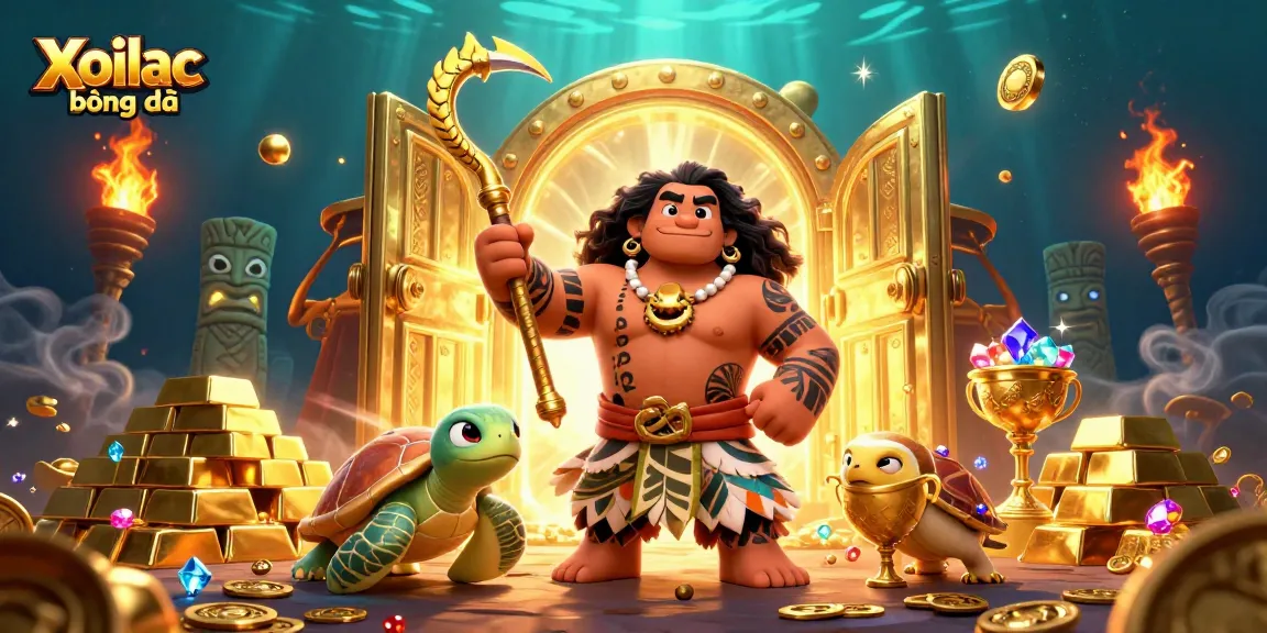 Xoilac bóng đá showcases a vibrant scene with Polynesian characters participating in a rich underwater treasure hunt.