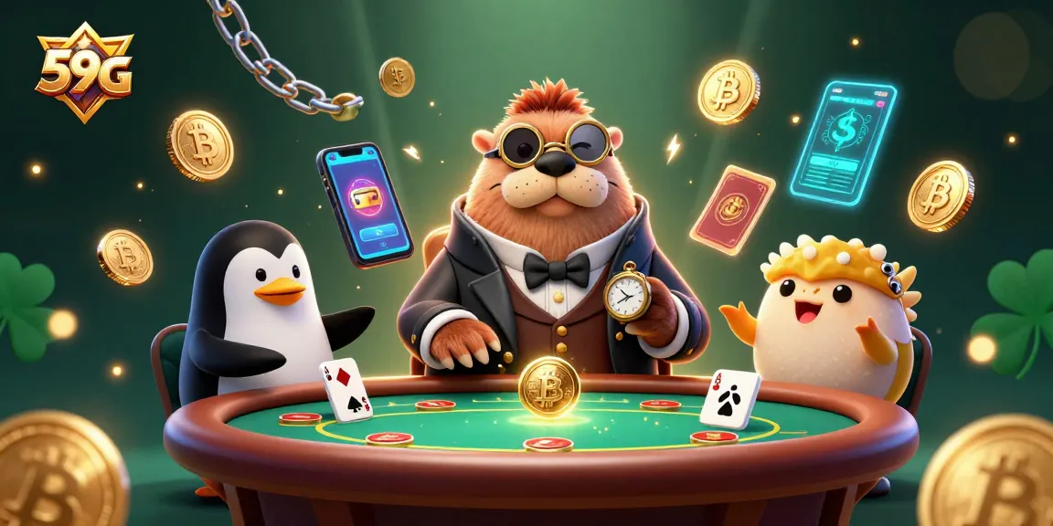 Play poker with 59G and win exciting prizes at an underwater casino featuring a colorful walrus and friends.