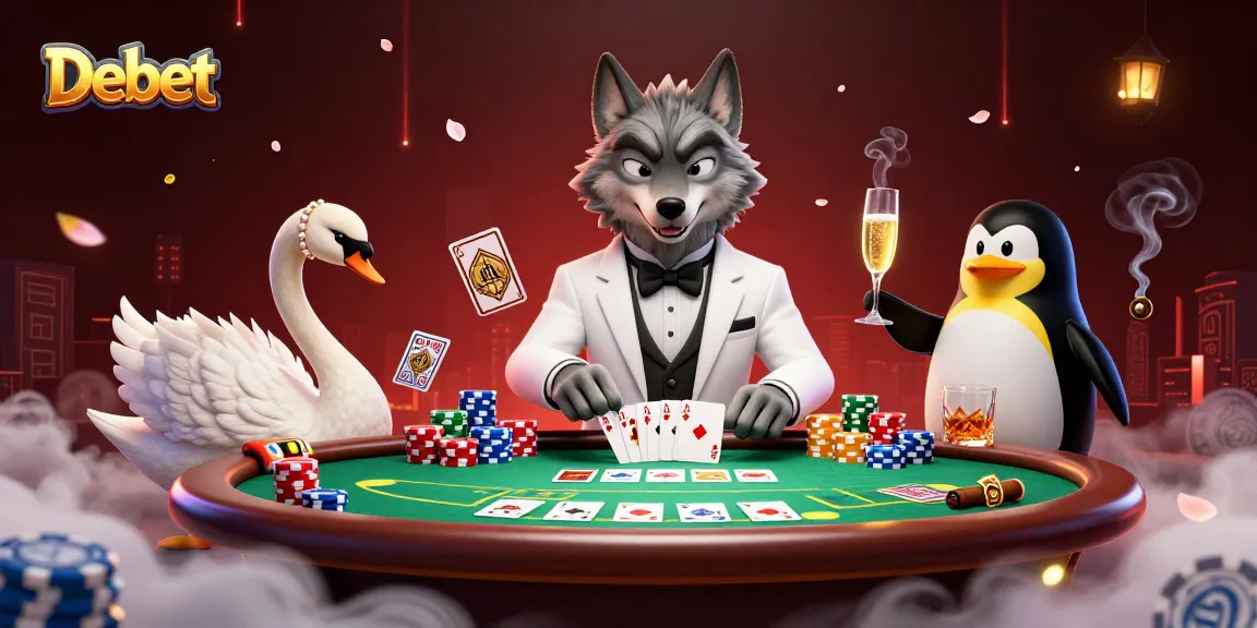 Engaging scene featuring Debet brand with a wolf, swan, and penguin in a lively casino atmosphere.
