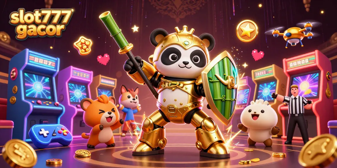 Experience the excitement of slot777 gacor with a golden mech panda in a vibrant arcade!