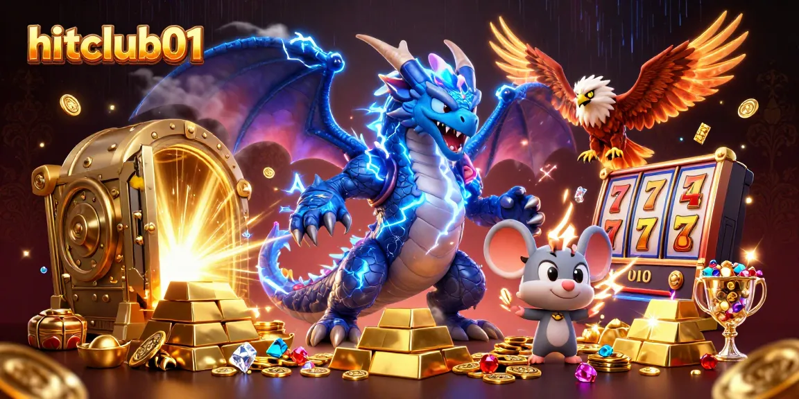 Win big with hitclub01 by spinning vibrant slot reels in an electrifying casino treasure scene.