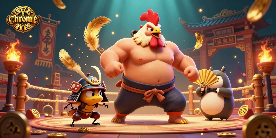 Engage with Chrome Hearts as a powerful sumo wrestler rooster stomps amidst vivid casino elements.