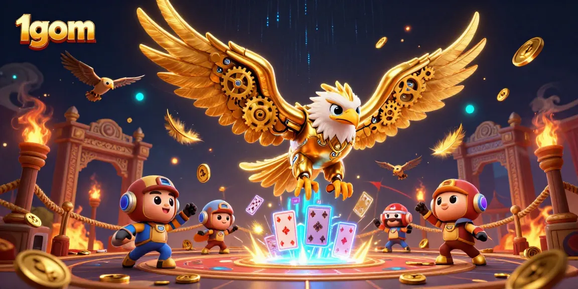 Engage with 1gom's immersive casino experience featuring a golden eagle and dynamic holographic playing cards.