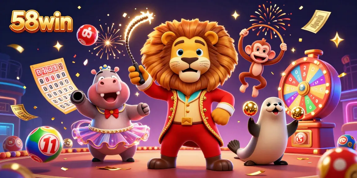 58win captures the excitement of winning with dynamic circus characters and colorful casino elements.