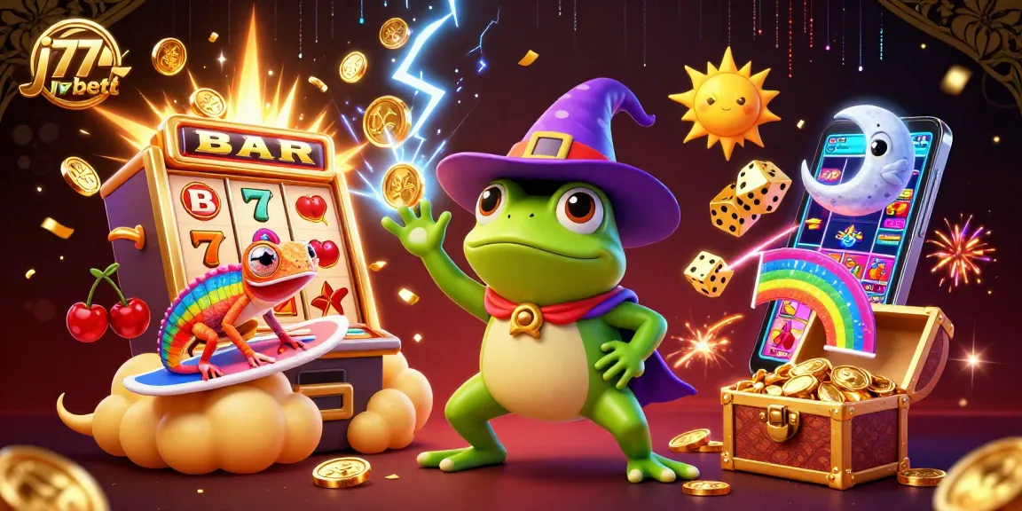 Experience thrilling gaming with j77bet as the magical frog conjures coins and casino fun in a vibrant 3D illustration.