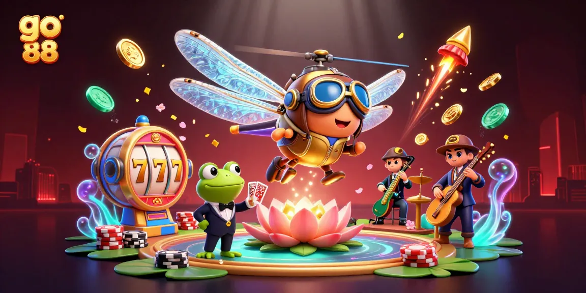 Engage with go 88 and experience vibrant casino action featuring a dragonfly pilot and a frog dealer in this lively illustration.