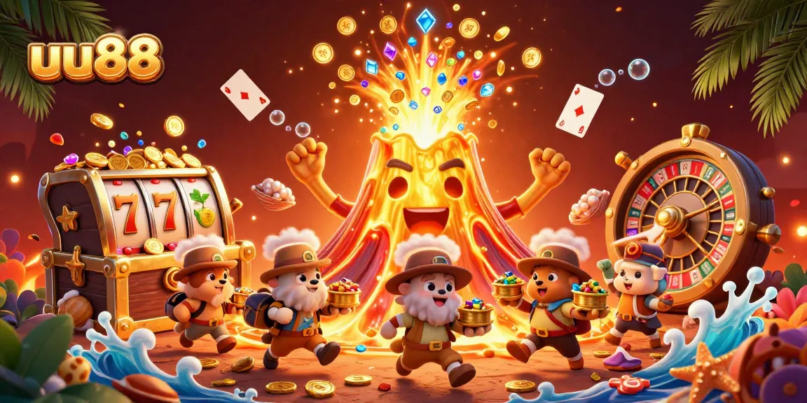 uu88 jackpot eruption celebrates wins with treasure and slot excitement in a thrilling casino scene.