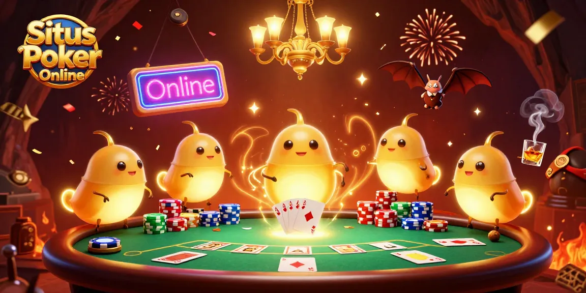 Situs Poker Online themed illustration with playful glowworms lighting a vibrant poker scene in a cave casino.